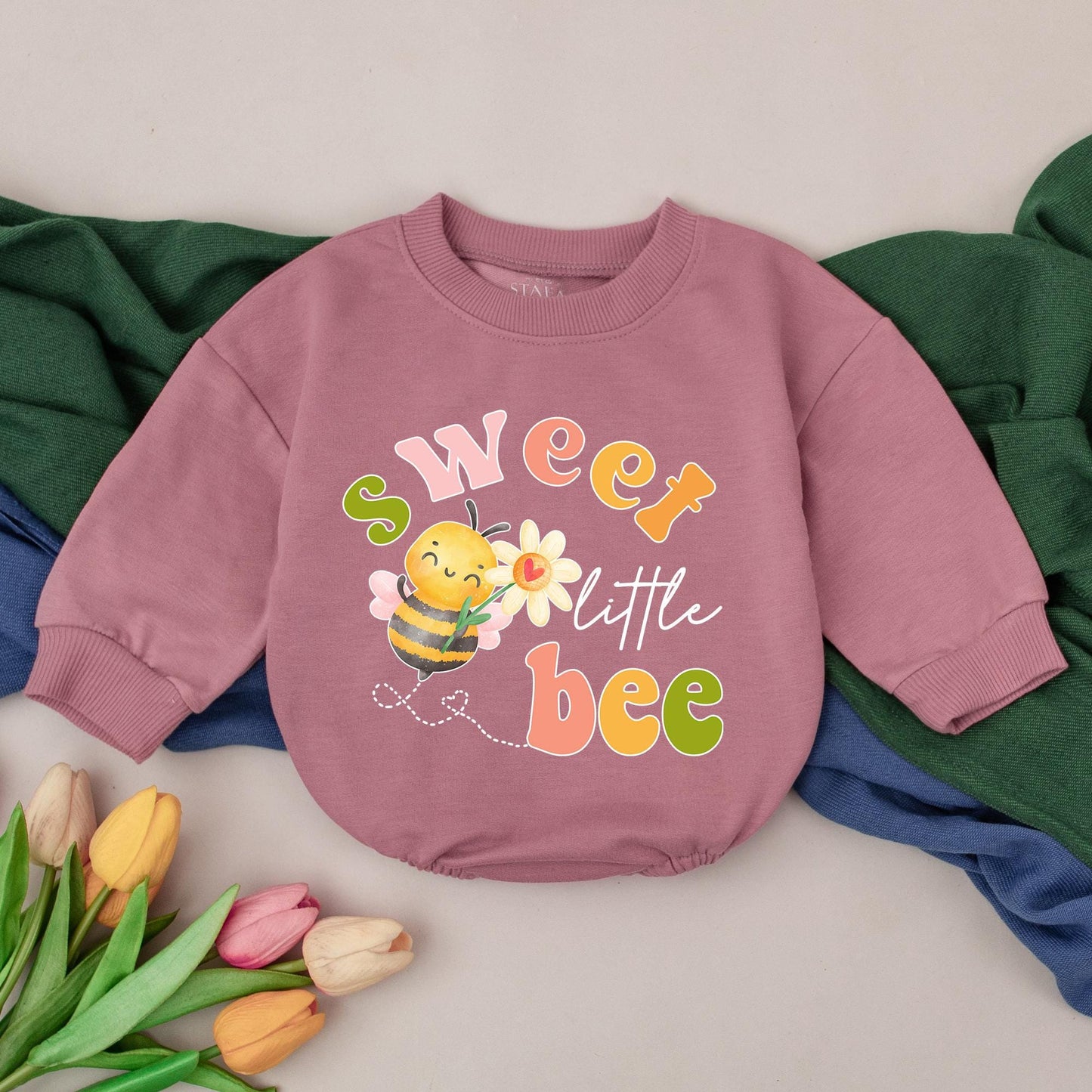 Sweet Little Bee Baby Girl Romper Cute Daisy Design First Birthday Outfit & Baby Shower Gift Playful Green Pink Orange Cartoon Bee Flight Path