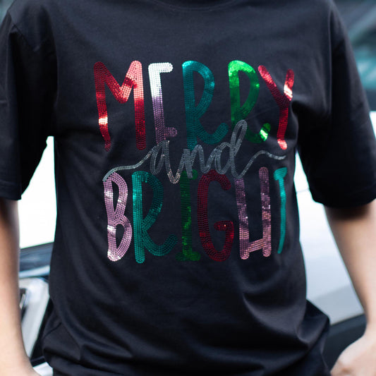 Glitter 'Merry & Bright' Christmas Shirt Faux Sequin Holiday Crewneck Bling Xmas Gift for Her Sparkly Christmas Outfit