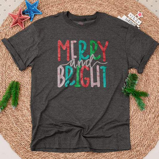 Glitter 'Merry & Bright' Christmas Shirt Faux Sequin Holiday Crewneck Bling Xmas Gift for Her Sparkly Christmas Outfit
