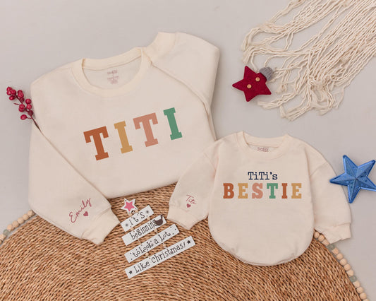 Custom Name Titi and Titi's Bestie Matching Sweatshirts for Auntie and Niece Baby Romper Outfit Comfortable Soft Aunt Baby Shower Gift