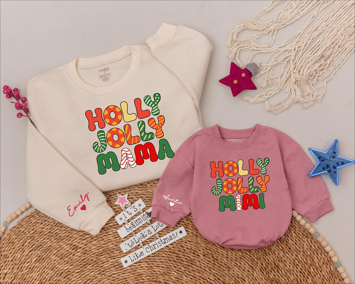 Personalized Holly Jolly Mama Family Christmas Shirt Festive Retro Polka Dot Stripe Design Name Added Holiday Matching Apparel