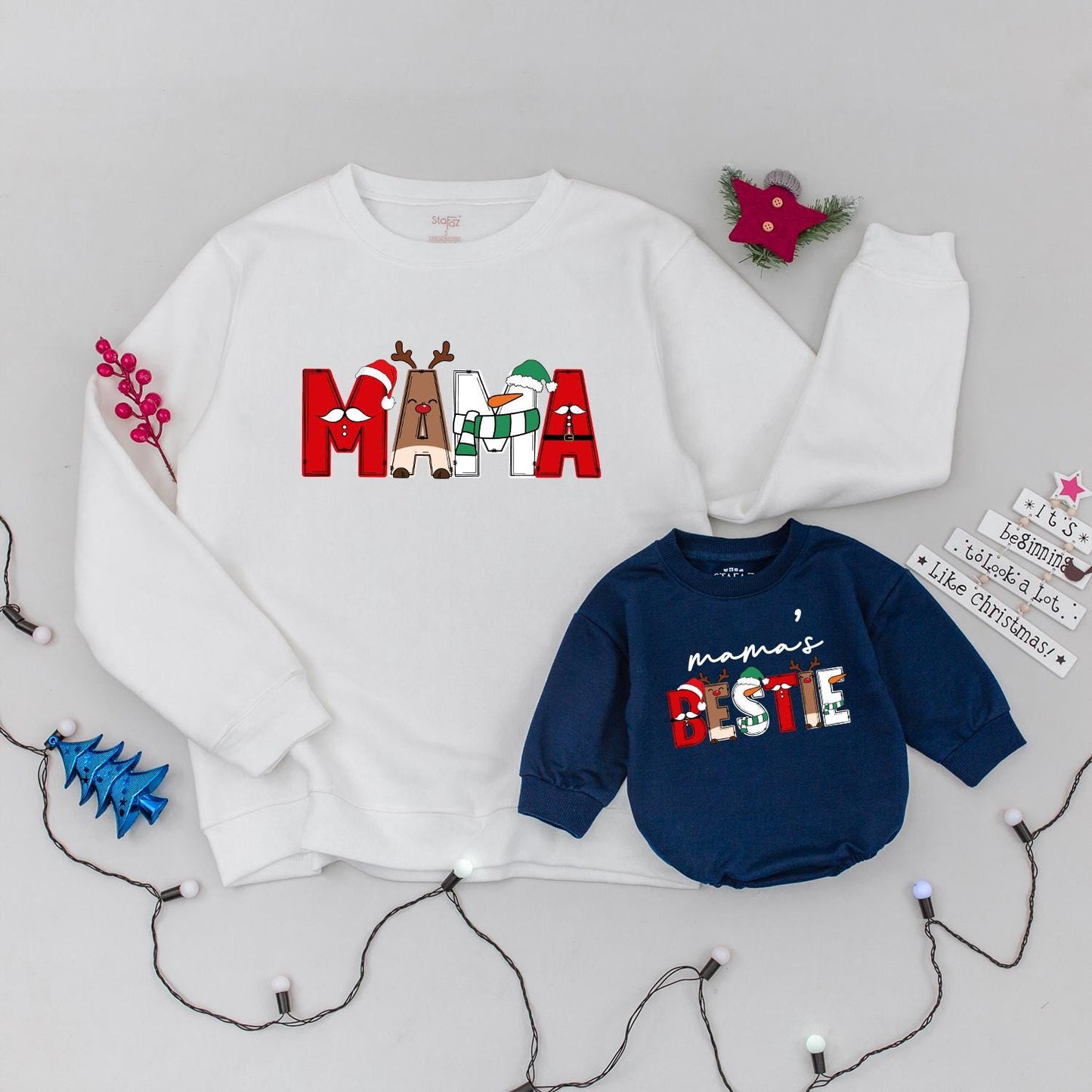 Matching Mommy & Me Christmas Character Sweatshirts Festive Holiday Family Outfits Santa Reindeer Snowman Design Baby Romper Playful