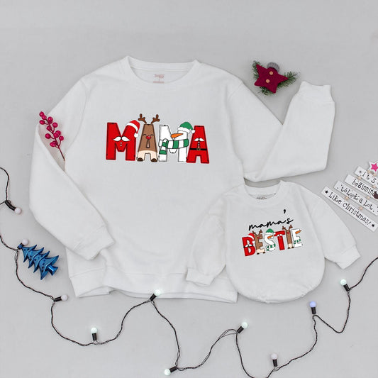 Matching Mommy & Me Christmas Character Sweatshirts Festive Holiday Family Outfits Santa Reindeer Snowman Design Baby Romper Playful