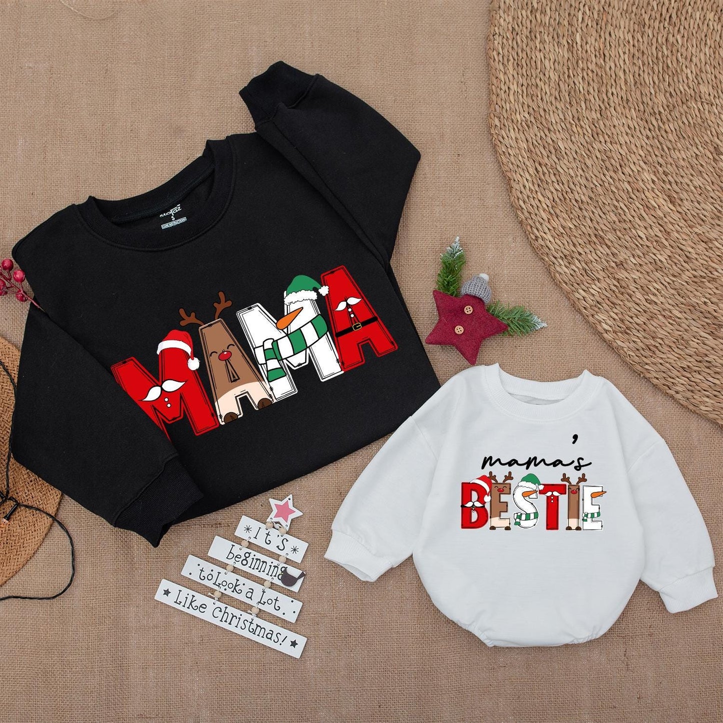 Matching Mommy & Me Christmas Character Sweatshirts Festive Holiday Family Outfits Santa Reindeer Snowman Design Baby Romper Playful
