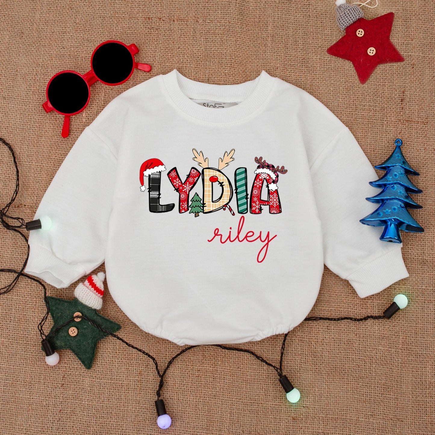 Custom Name Christmas Bodysuit Festive Holiday Print, Santa Hat Antlers Plaid Snowflakes Baby Romper Outfit, First Christmas Baby Shower Gift Clothes