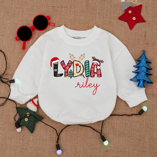 Custom Name Christmas Bodysuit Festive Holiday Print, Santa Hat Antlers Plaid Snowflakes Baby Romper Outfit, First Christmas Baby Shower Gift Clothes