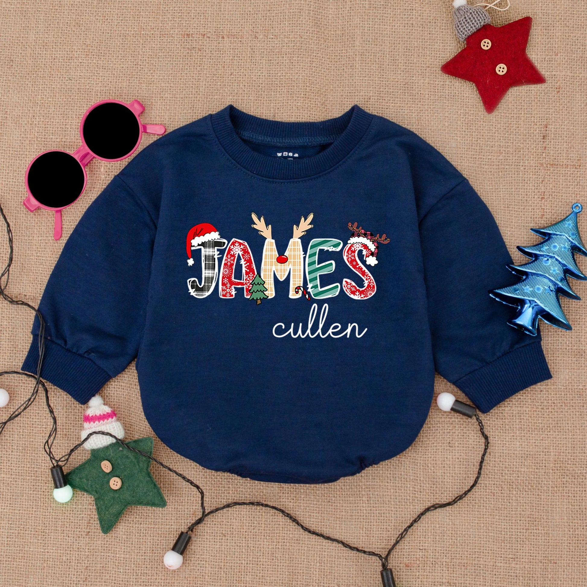 Custom Name Christmas Bodysuit Festive Holiday Print, Santa Hat Antlers Plaid Snowflakes Baby Romper Outfit, First Christmas Baby Shower Gift Clothes