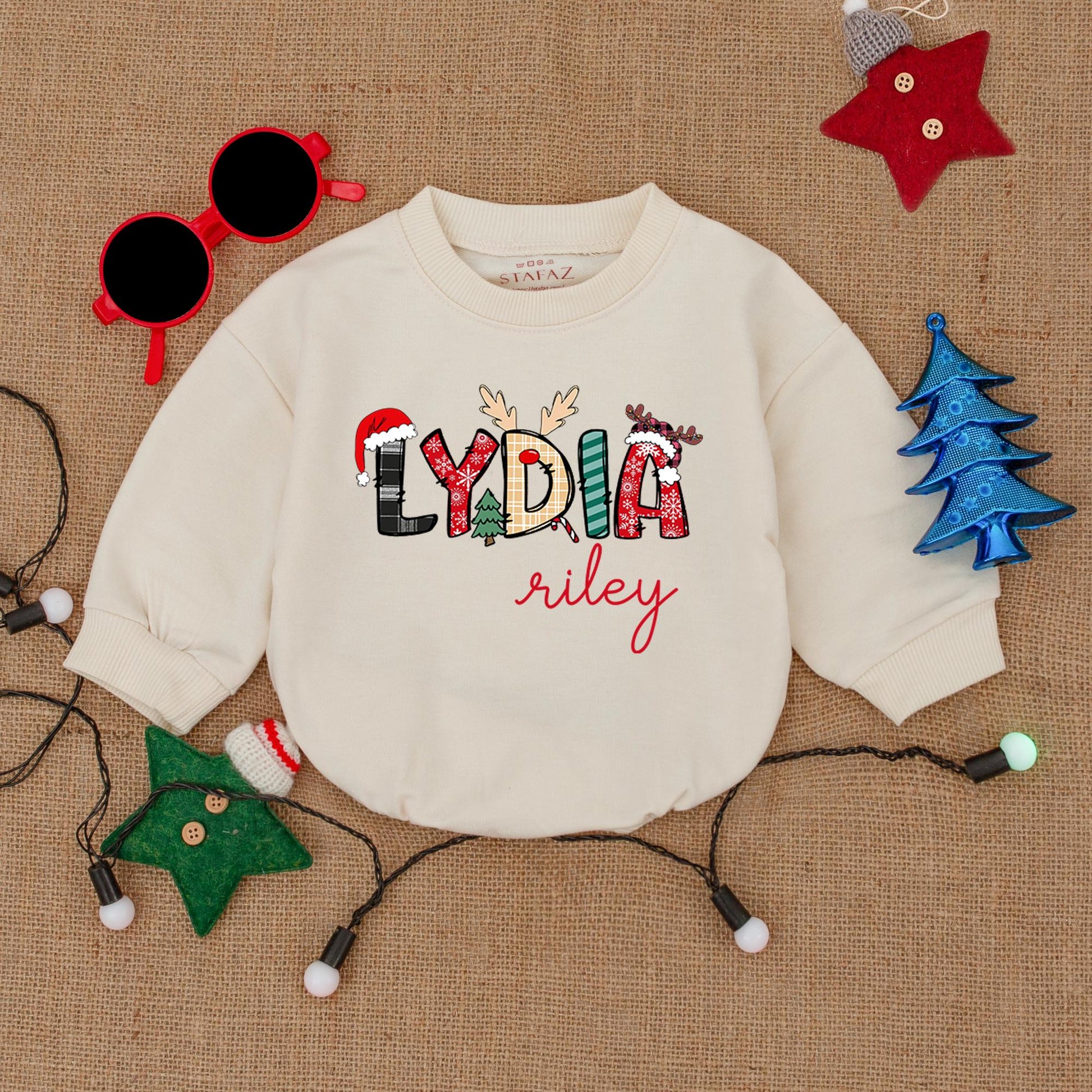 Custom Name Christmas Bodysuit Festive Holiday Print, Santa Hat Antlers Plaid Snowflakes Baby Romper Outfit, First Christmas Baby Shower Gift Clothes