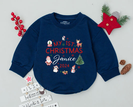 Personalized My First Christmas Janice 2024 Baby Romper Bodysuit Toddler Sweatshirt Girl Boy Outfit with Santa Snowman Reindeer Penguin Tree Design