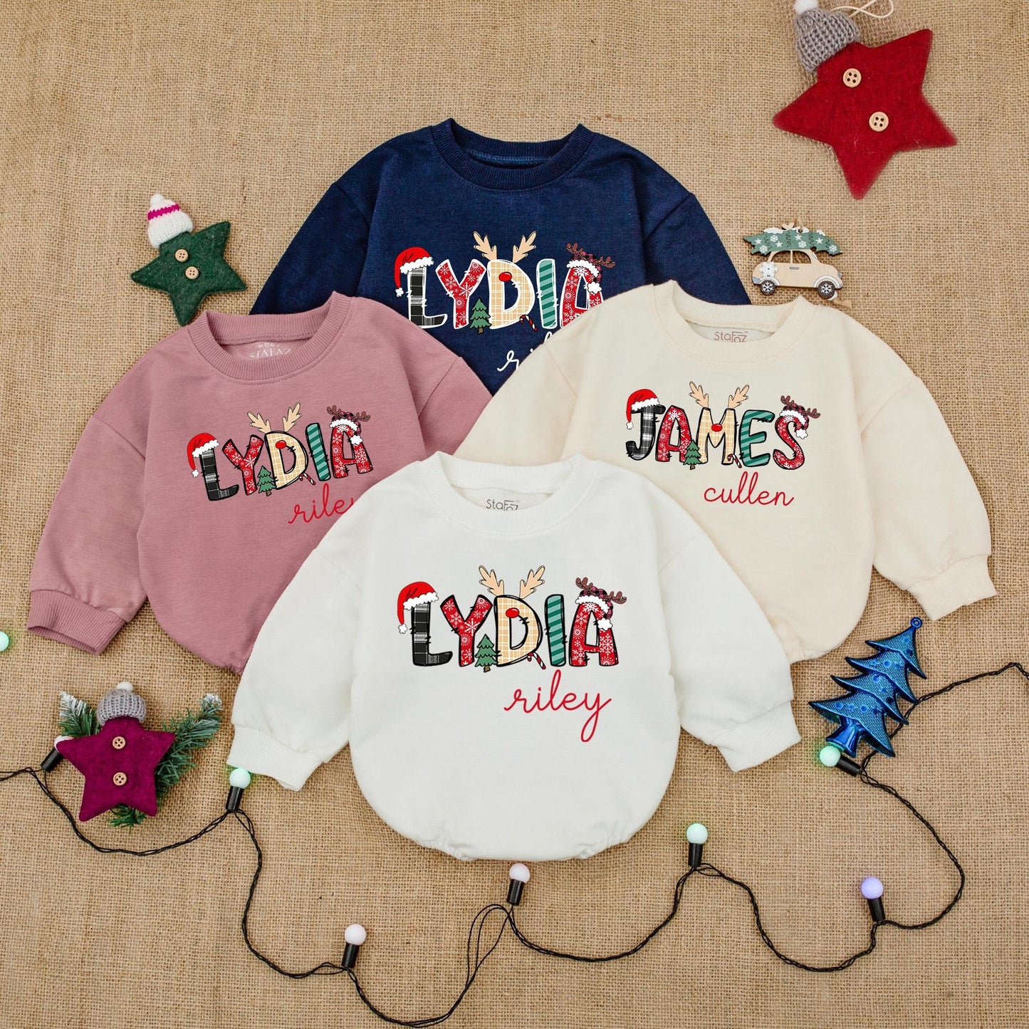 Custom Name Christmas Bodysuit Festive Holiday Print, Santa Hat Antlers Plaid Snowflakes Baby Romper Outfit, First Christmas Baby Shower Gift Clothes