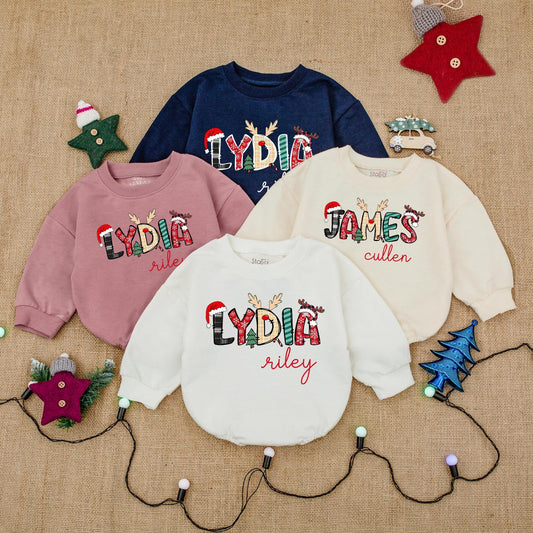 Custom Name Christmas Bodysuit Festive Holiday Print, Santa Hat Antlers Plaid Snowflakes Baby Romper Outfit, First Christmas Baby Shower Gift Clothes
