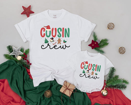 Matching Cousin Crew Christmas Shirts Personalized Family Holiday Outfit Baby Toddler Kids First Christmas Festive Red Green Santa Hat Design