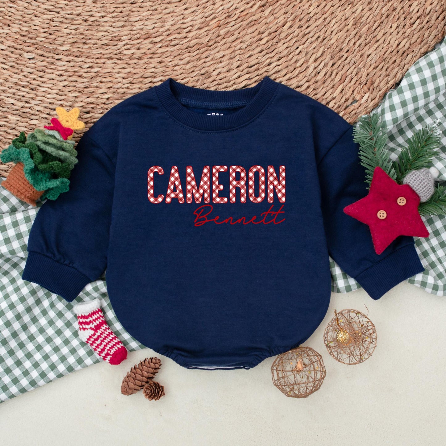 Personalized Cameron Christmas Romper: Gingham Name Bodysuit, First Christmas Outfit, Bennett Cursive Font, Winter Baby Clothes, Boy Holiday Gift 135