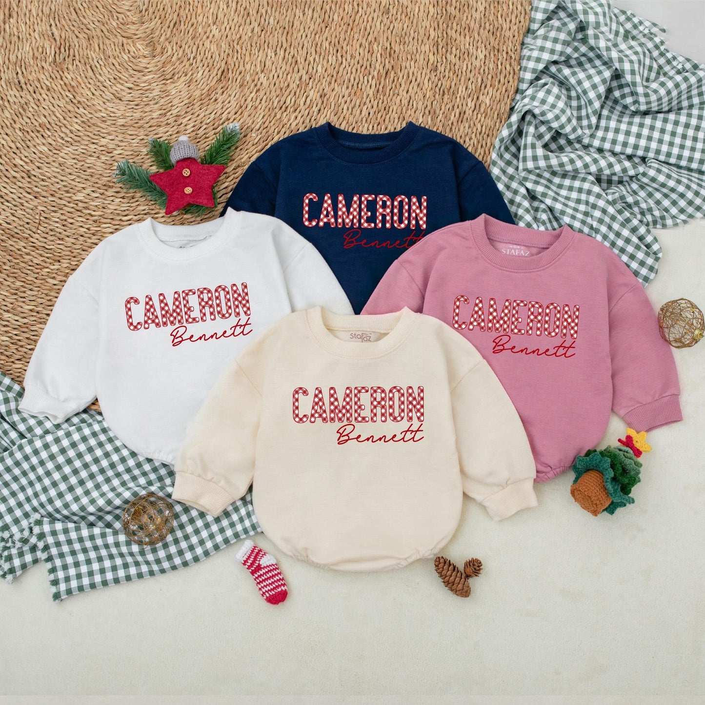 Personalized Cameron Christmas Romper: Gingham Name Bodysuit, First Christmas Outfit, Bennett Cursive Font, Winter Baby Clothes, Boy Holiday Gift 135