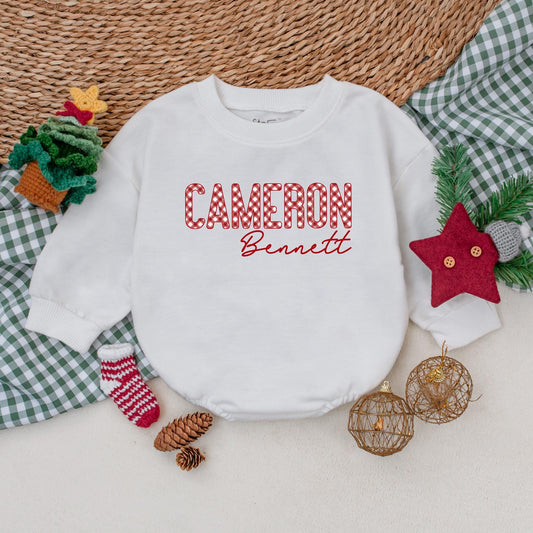Personalized Cameron Christmas Romper: Gingham Name Bodysuit, First Christmas Outfit,  Bennett Cursive Font, Winter Baby Clothes, Boy Holiday Gift 135