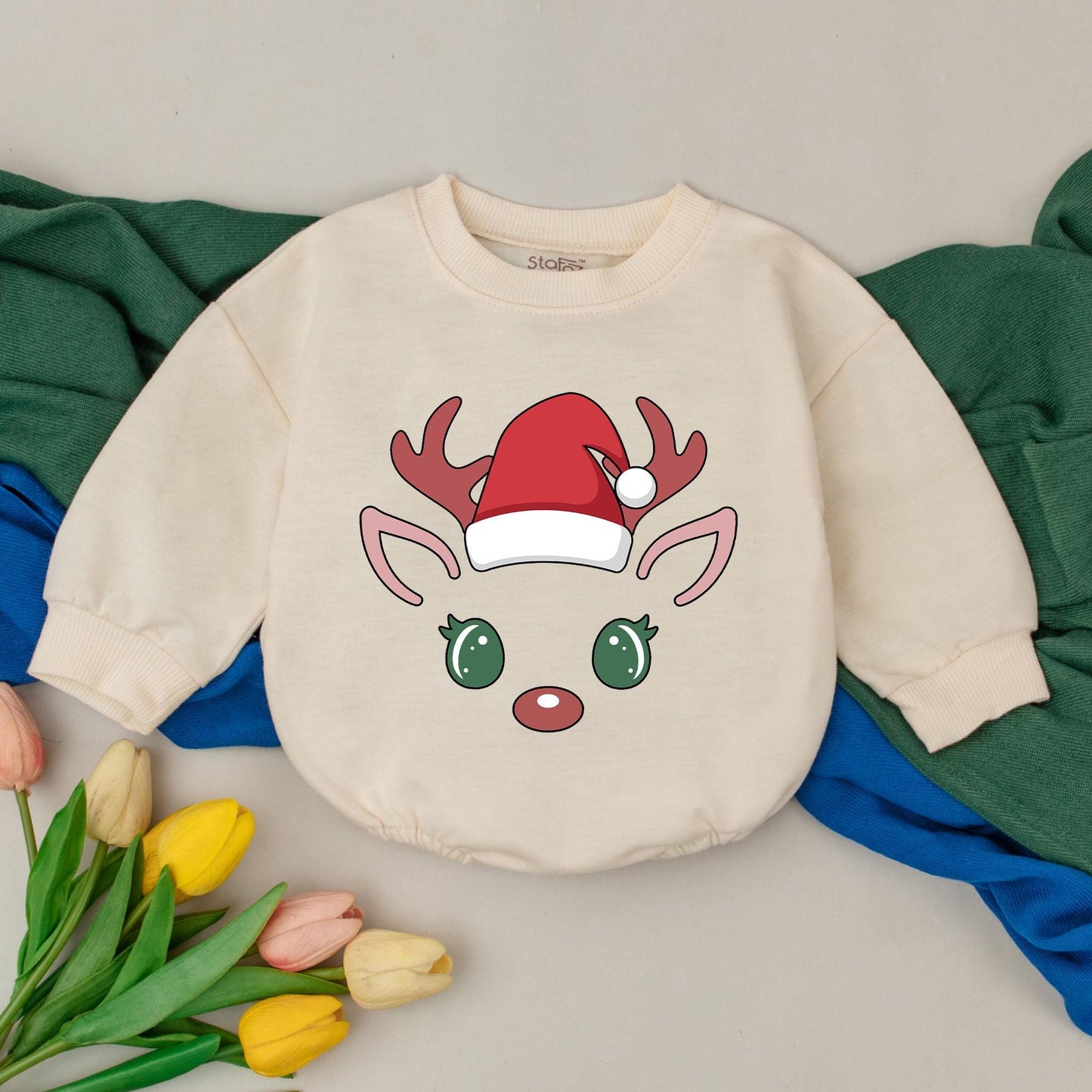Adorable Reindeer Christmas Bubble Romper for Baby's First Holiday Festive Outfit with Cute Santa Hat Red Nose & Green Eyes Newborn Gift