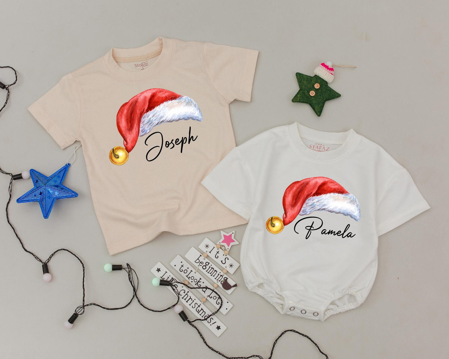 Matching Family Christmas Shirts with Personalized Name Santa Hat Design Red White Gold Jingle Bell Holiday Tee for Mom Dad Kids Baby