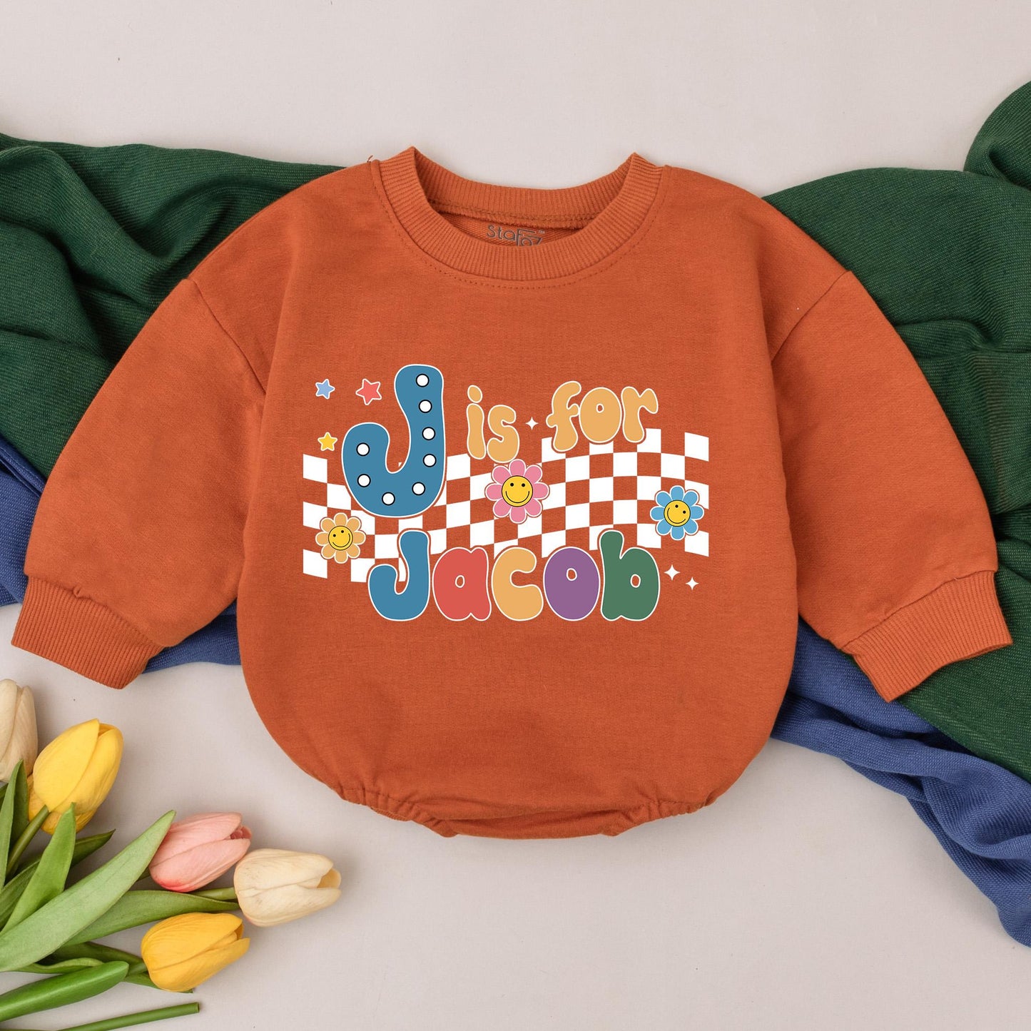 Personalized Retro Is For Name Romper Baby Birthday Gift Colorful 70s Bubble Letter Checkered Star Flower Infant Outfit