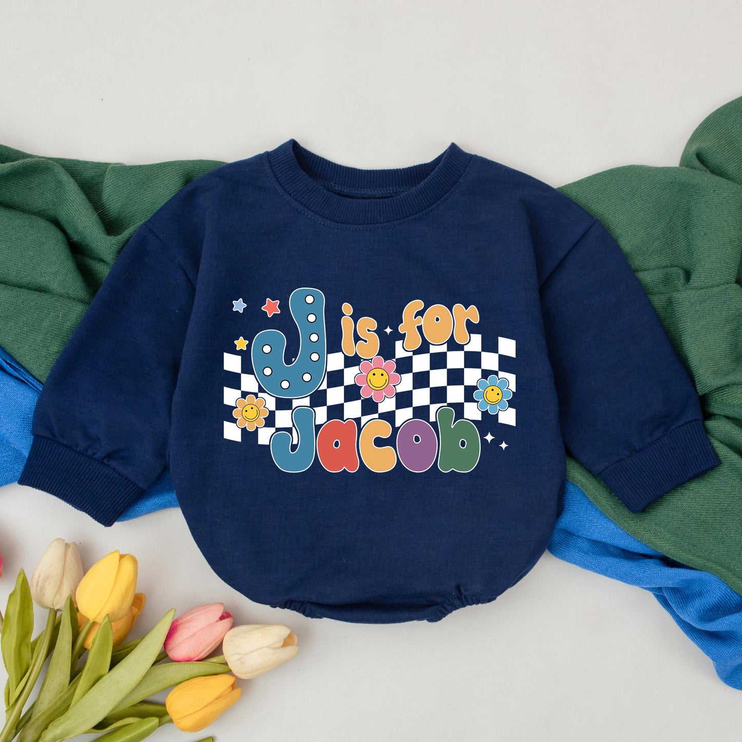 Personalized Retro Is For Name Romper Baby Birthday Gift Colorful 70s Bubble Letter Checkered Star Flower Infant Outfit