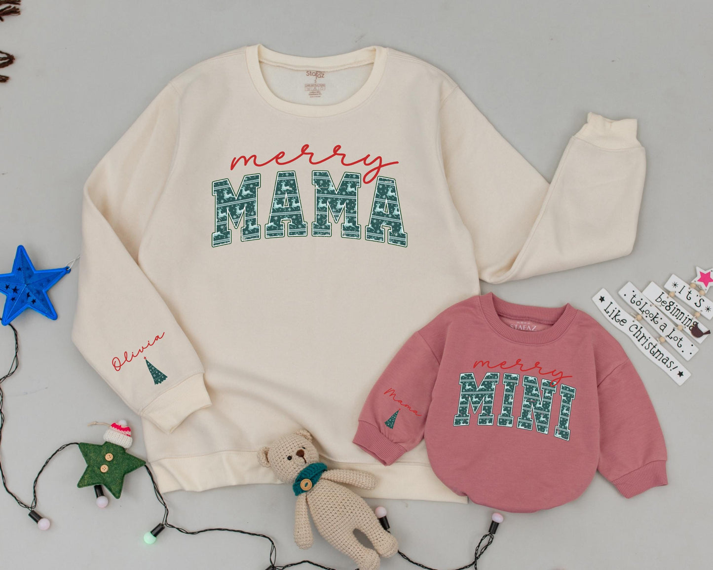 Personalized Mommy and Me Merry Mama Mini Christmas Sweatshirts with Retro Green Snowflake Tree Reindeer Design Matching Family Gifts