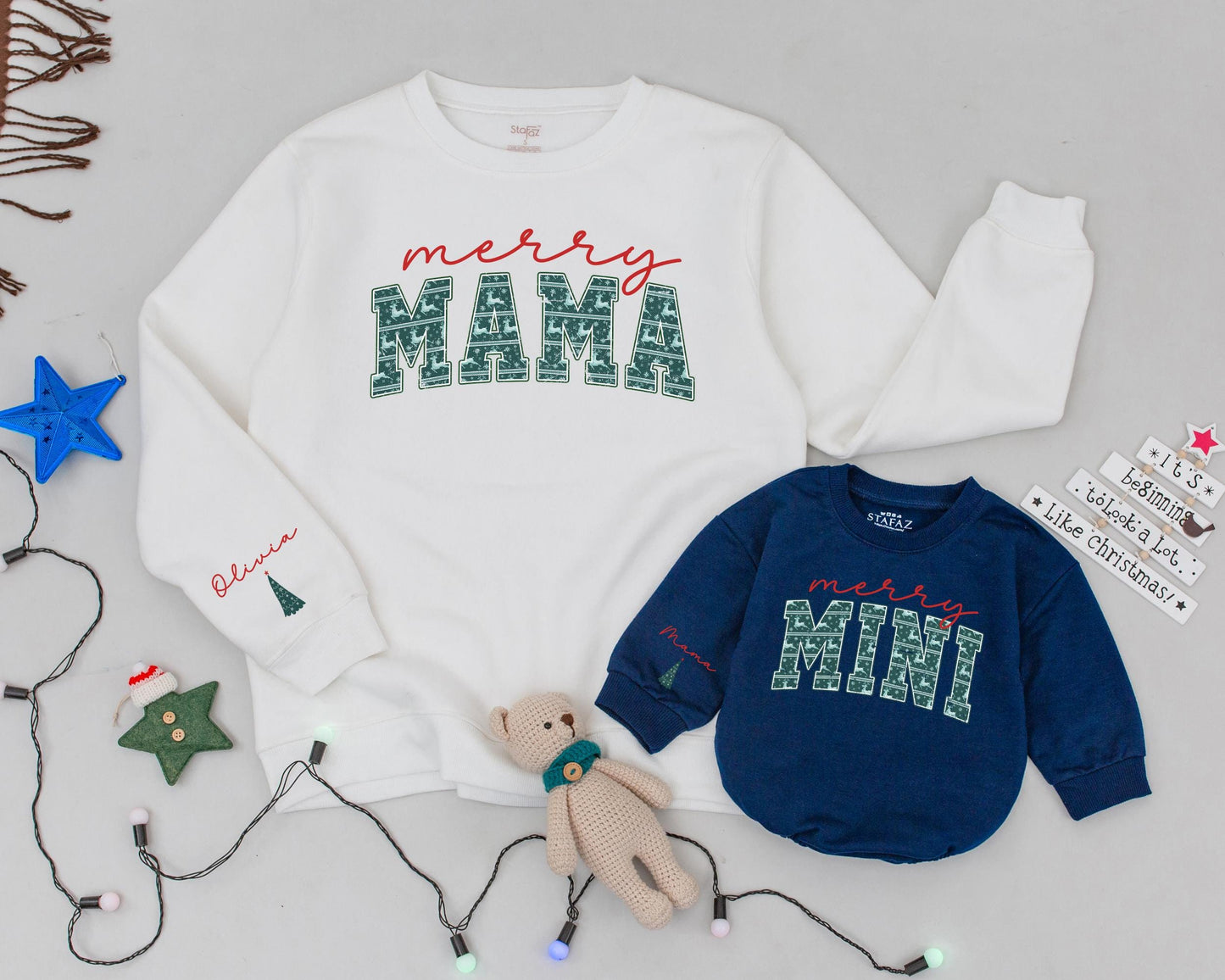 Personalized Mommy and Me Merry Mama Mini Christmas Sweatshirts with Retro Green Snowflake Tree Reindeer Design Matching Family Gifts