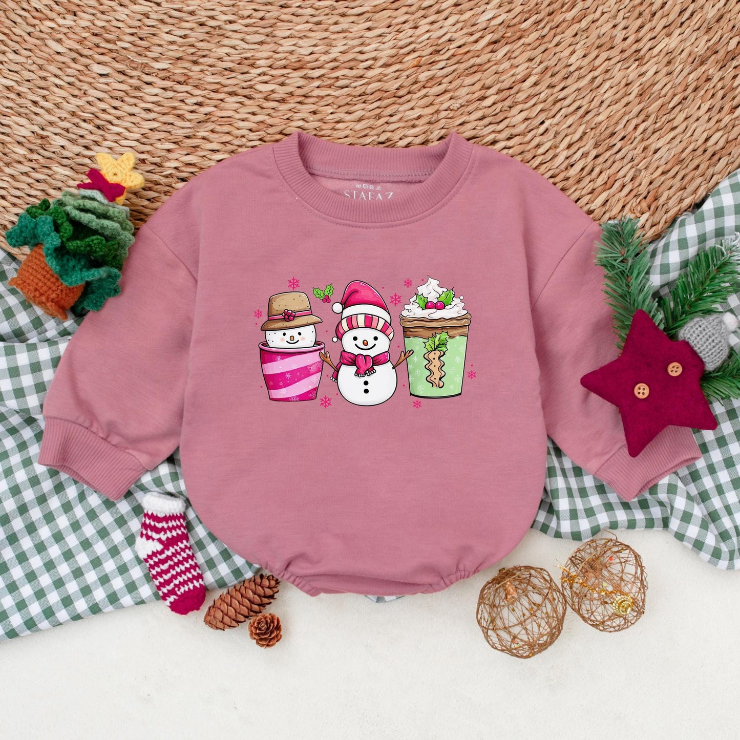 Festive Snowman Coffee Baby Romper, Whimsical Pink Snowflake Christmas Bodysuit, Holiday Outfit, Winter Baby Clothes, Shower Gift, Comfy Bubble Romper