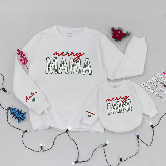 Merry Mama & Mini Matching Christmas Sweatshirts, Cute Family Holiday Outfits, Red Script Name, Green Tree Pattern, Baby Girl Romper Gift, Trendy Xmas (138)