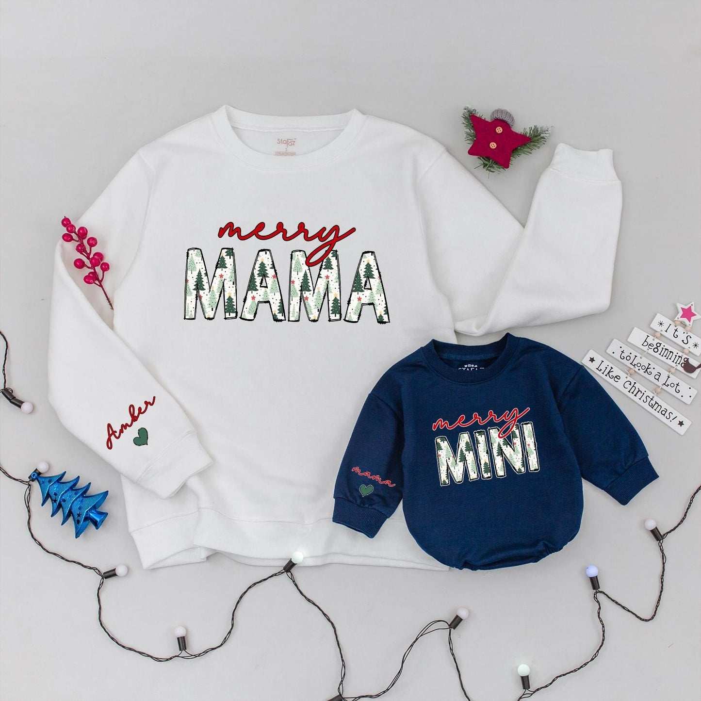Merry Mama & Mini Matching Christmas Sweatshirts, Cute Family Holiday Outfits, Red Script Name, Green Tree Pattern, Baby Girl Romper Gift, Trendy Xmas (138)