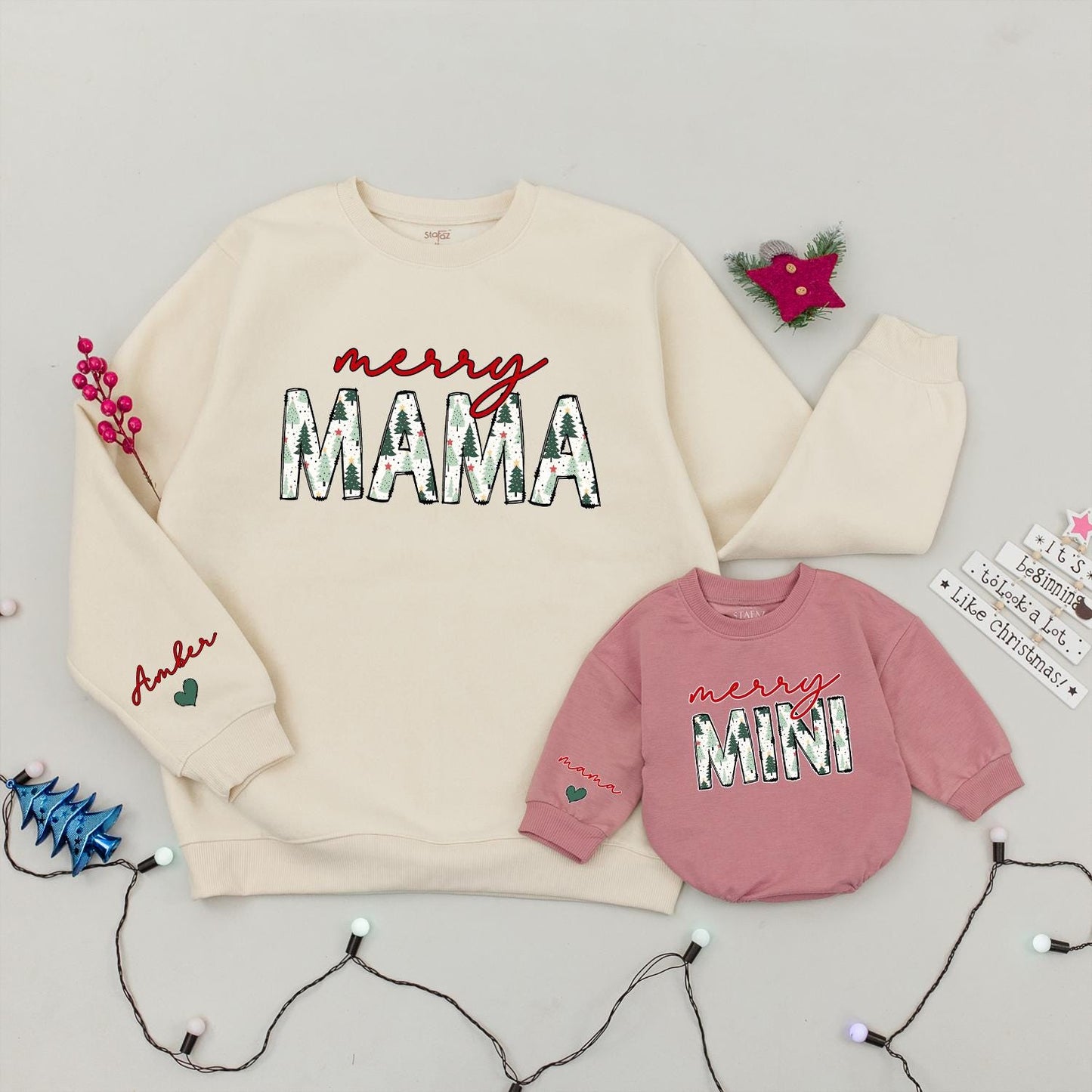 Merry Mama & Mini Matching Christmas Sweatshirts, Cute Family Holiday Outfits, Red Script Name, Green Tree Pattern, Baby Girl Romper Gift, Trendy Xmas (138)