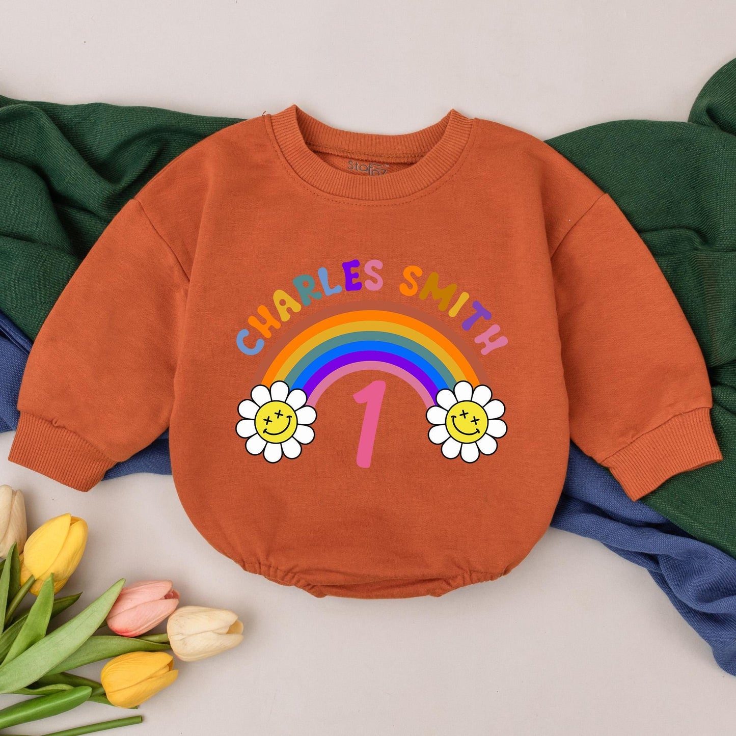 Personalized First Birthday Baby Girl Romper with Rainbow Daisy Design Name Retro Colorful Playful Infant Bodysuit Comfortable Shower Gift