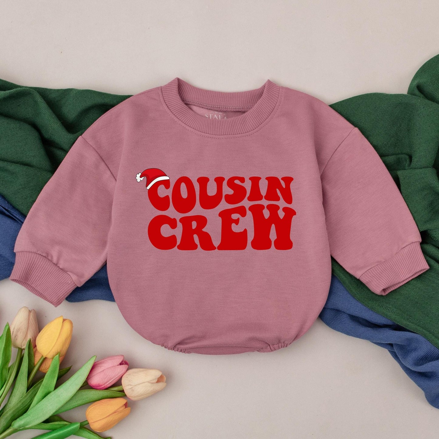 Retro Cousin Crew Christmas Romper Red Design with Santa Hat, Adorable Baby Holiday Bubble Outfit Newborn Shower Gift
