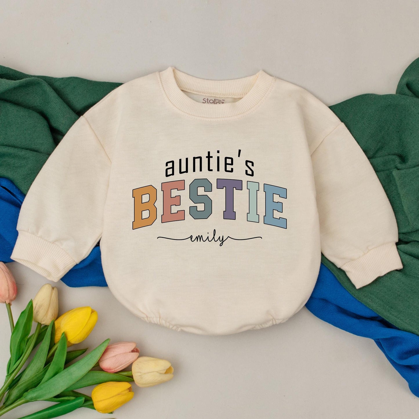 Personalized Auntie's Bestie Romper for Baby Girls Boys Newborn Outfit Baby Shower Gift New Auntie Niece Nephew Multicolored Block Cursive Name
