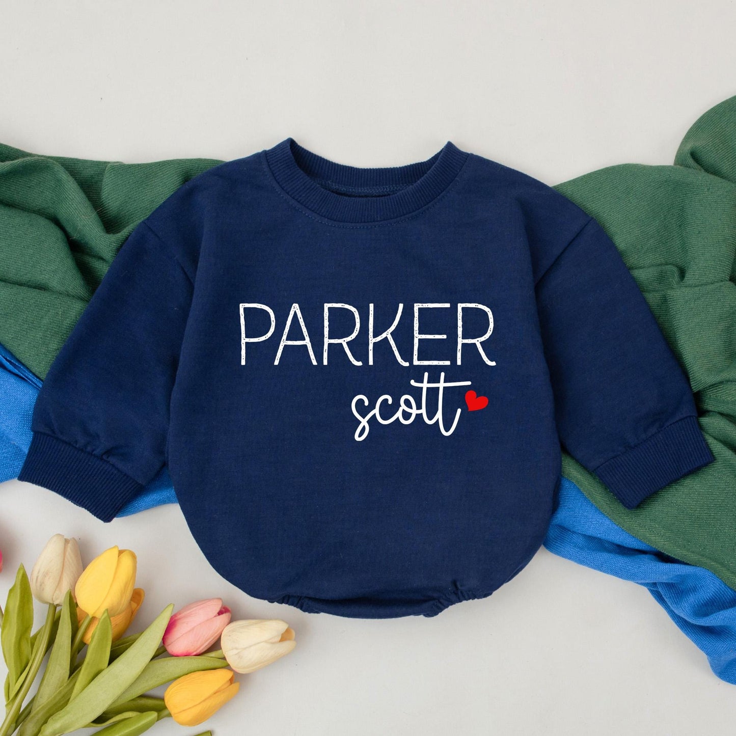 Personalized Parker Scott Name Romper Long Sleeve Bodysuit Minimalist Cursive Red Heart Baby Shower Newborn Girl Coming Home Outfit First Birthday Gift