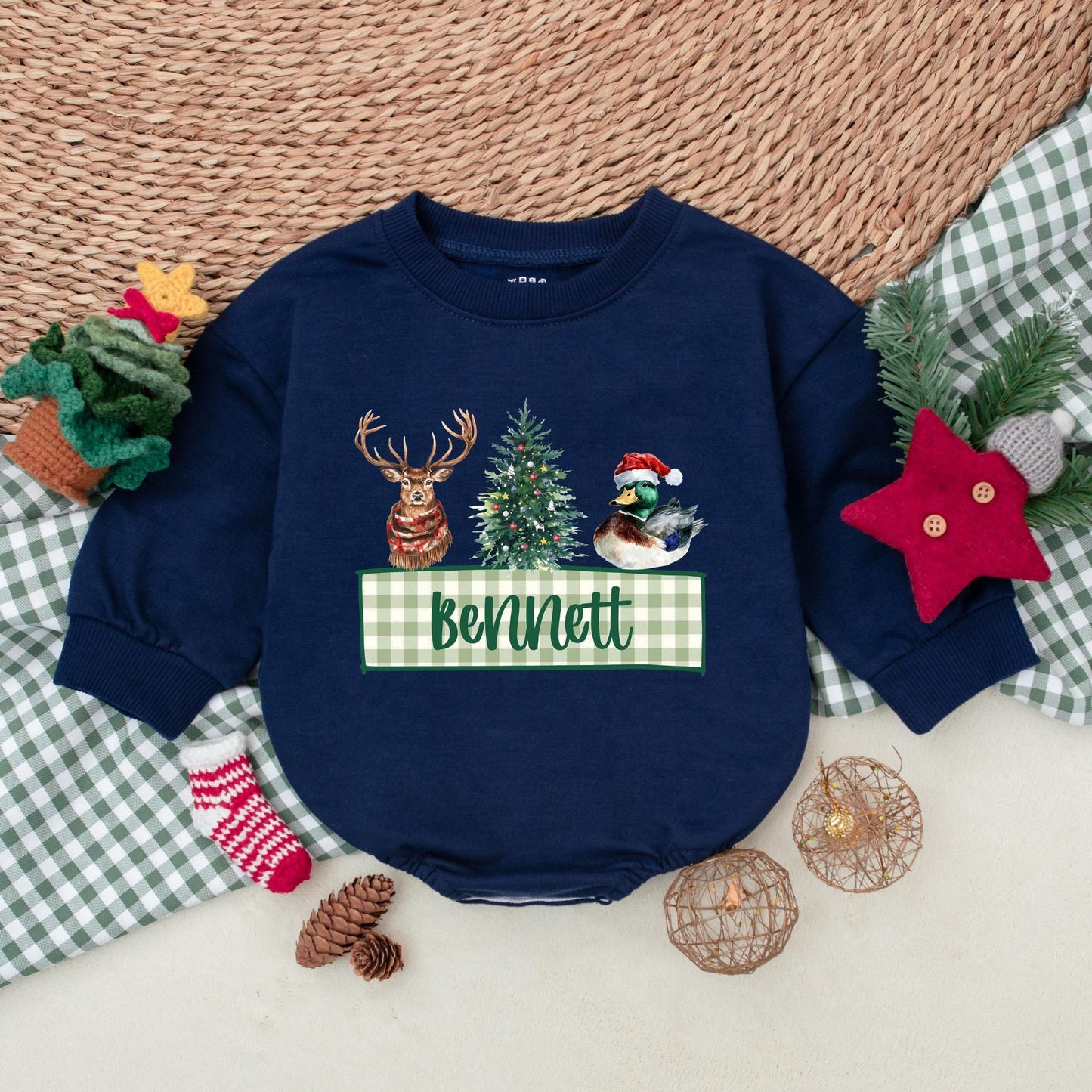 Personalized Christmas Mallard Duck Baby Boy Romper Rustic Winter Outfit with Deer Christmas Tree Festive Holiday Bodysuit Green Gingham