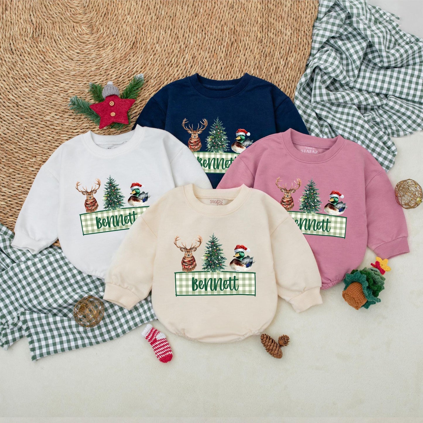 Personalized Christmas Mallard Duck Baby Boy Romper Rustic Winter Outfit with Deer Christmas Tree Festive Holiday Bodysuit Green Gingham