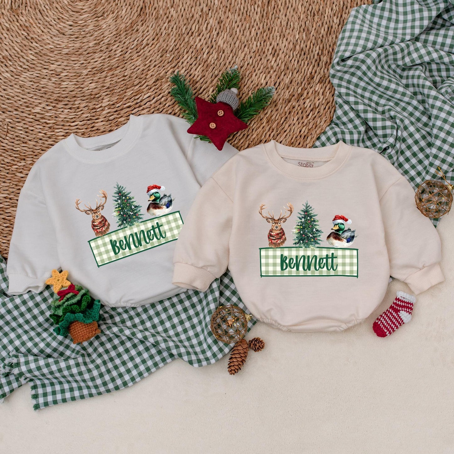 Personalized Christmas Mallard Duck Baby Boy Romper Rustic Winter Outfit with Deer Christmas Tree Festive Holiday Bodysuit Green Gingham