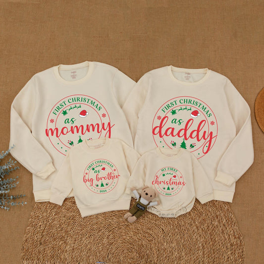 Personalized First Christmas Family Matching Sweatshirt 2024 for Mom Dad Baby & Big Brother Sister Whimsical Sweaters
