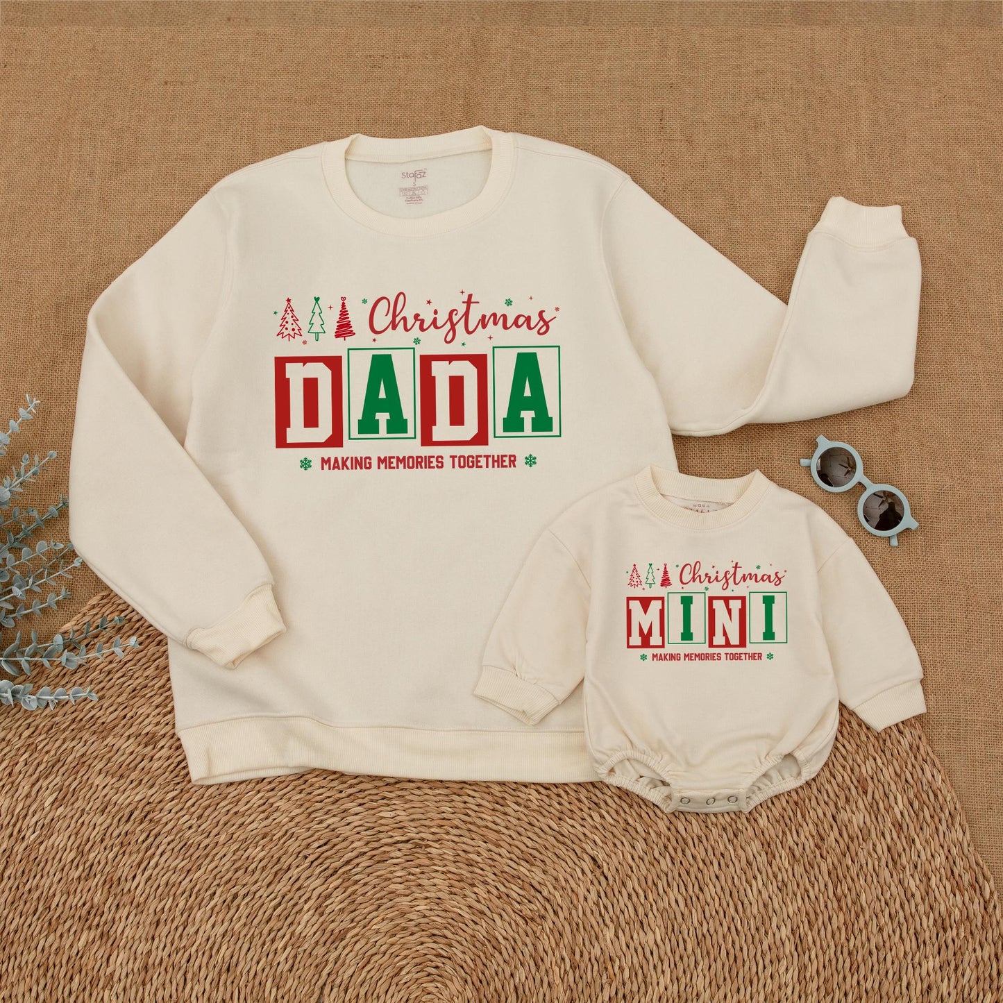 Personalized Family Matching Christmas Sweatshirts with Festive Trees, Stars, Red Green Boxed Names Making Memories Together and First Christmas Romper