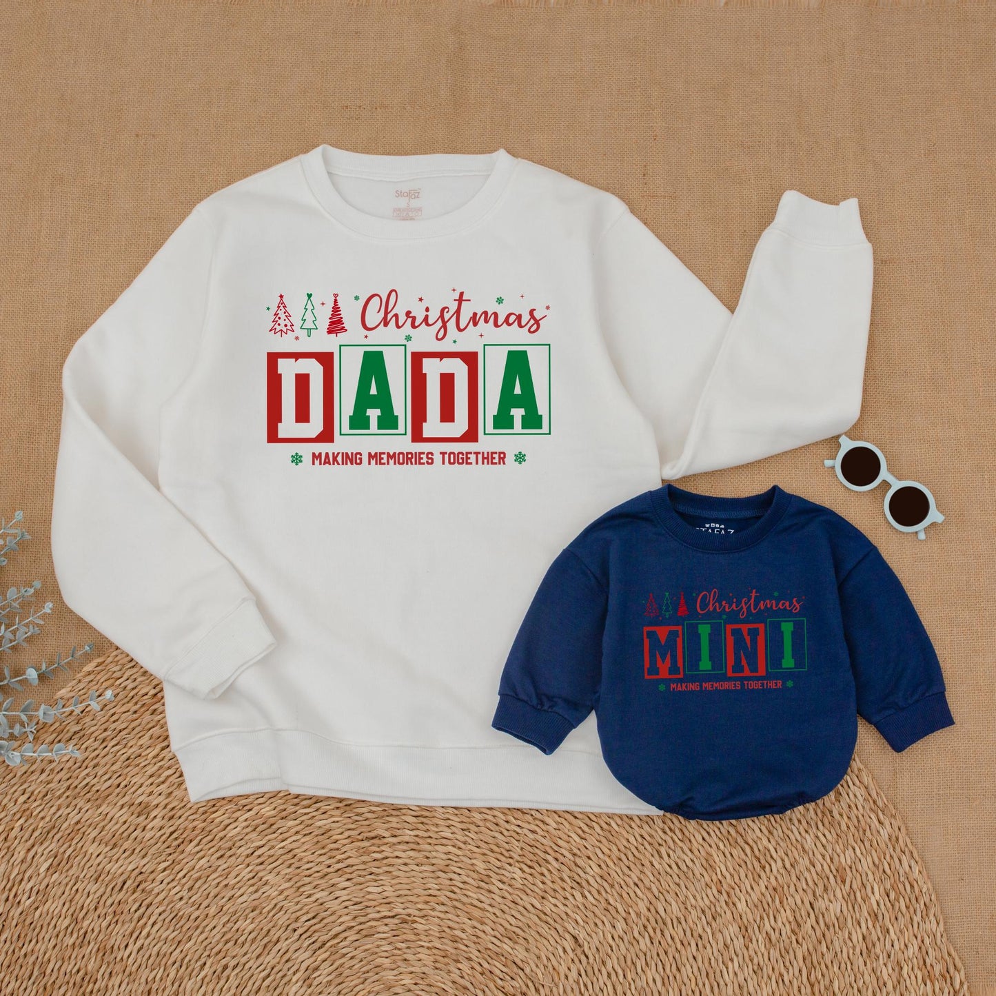 Personalized Family Matching Christmas Sweatshirts with Festive Trees, Stars, Red Green Boxed Names Making Memories Together and First Christmas Romper