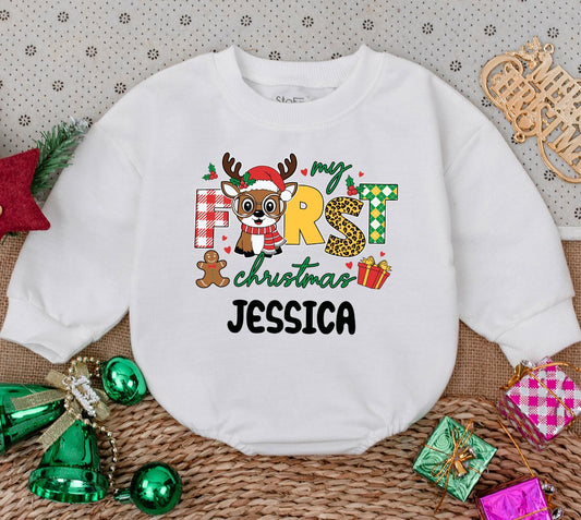 Personalized My First Christmas Baby Girl Romper Sweatshirt featuring Reindeer Gingerbread Man Festive Plaid Leopard Argyle Print Holiday Outfit