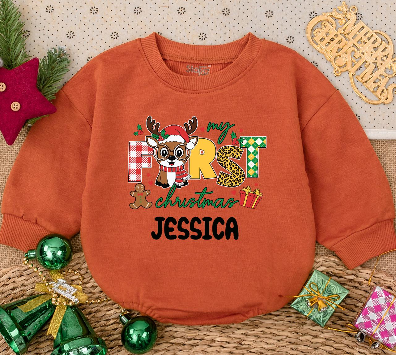 Personalized My First Christmas Baby Girl Romper Sweatshirt featuring Reindeer Gingerbread Man Festive Plaid Leopard Argyle Print Holiday Outfit