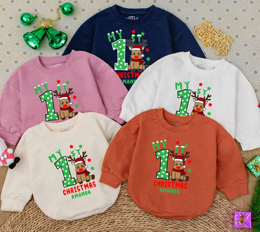 Personalized My 1st Christmas Baby Romper Sweatshirt with Cheerful Reindeer Stars & Snowflakes, Newborn First Holiday Outfit Baby Shower Gift