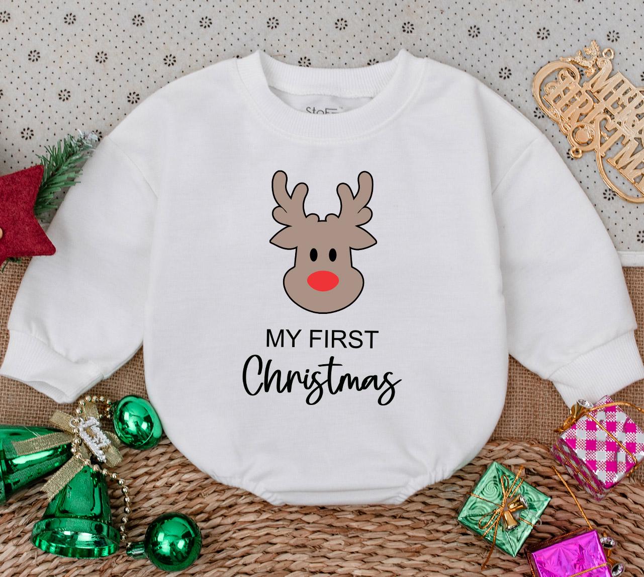My First Christmas Baby Romper featuring Cute Reindeer Red Nose Design, a cozy newborn holiday sweatshirt for baby's first winter outfit.