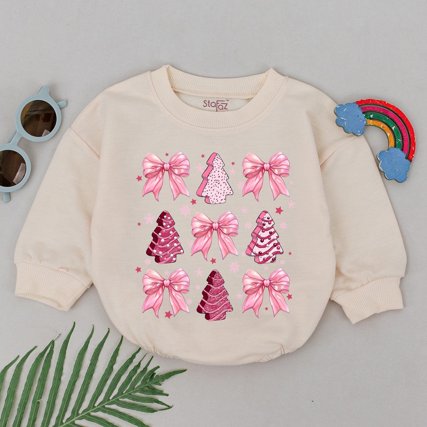 Retro Pink Christmas Tree Baby Girl Romper with Cookie Style Trees Iridescent Bows First Christmas Holiday Outfit Newborn Baby Shower Gift