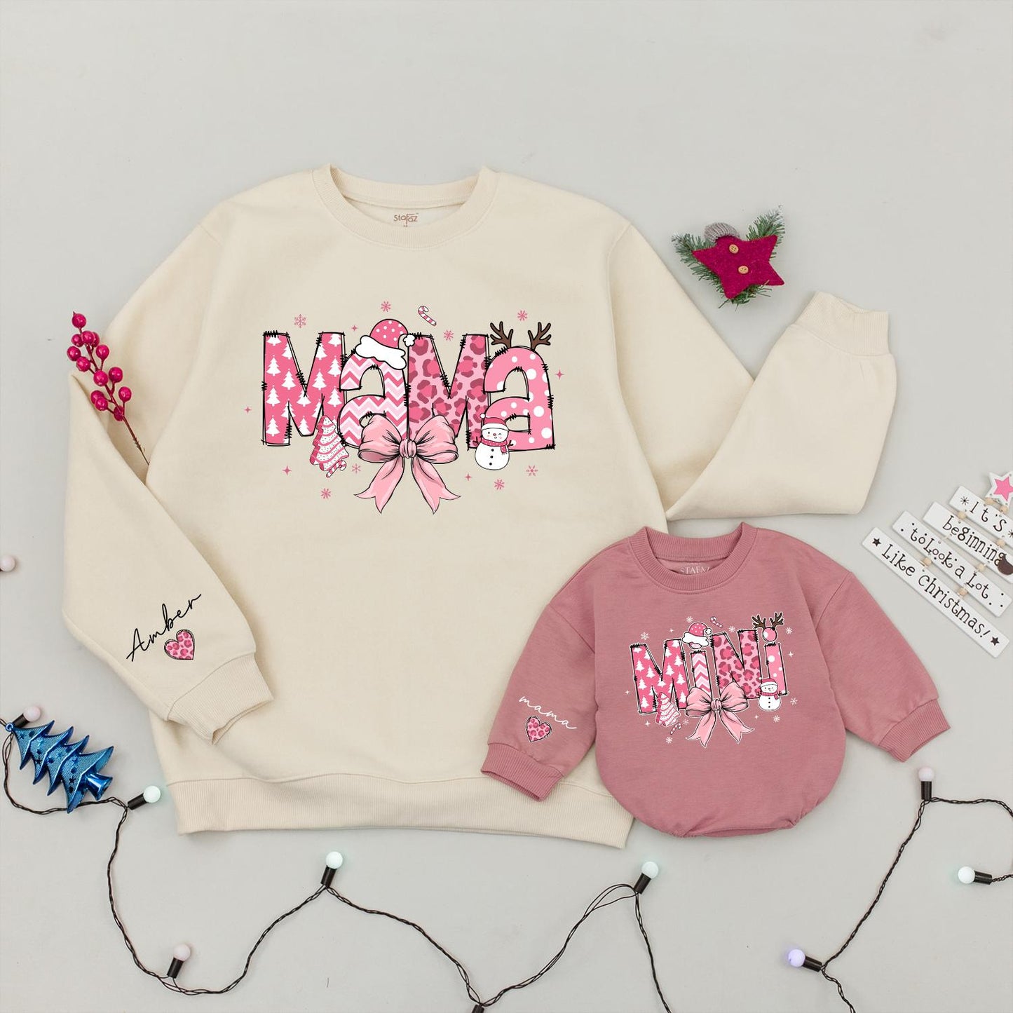 Pink Coquette Christmas Mama & Mini Sweatshirt Set, Checkered Xmas Bow, Trendy Family Holiday Outfits, Personalized 'Amber' Sleeve, Baby Romper