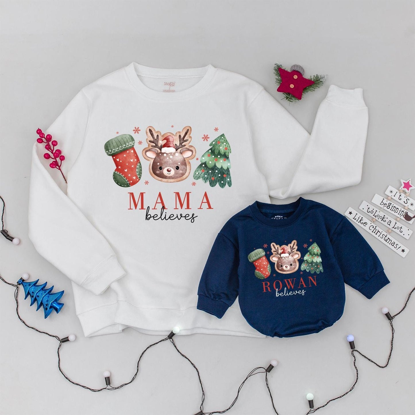 Personalized Family Christmas Believes Sweatshirts Rompers & Shirts with Cute Reindeer Tree Stocking Hand-Drawn Whimsical Design for Holiday Gatherings