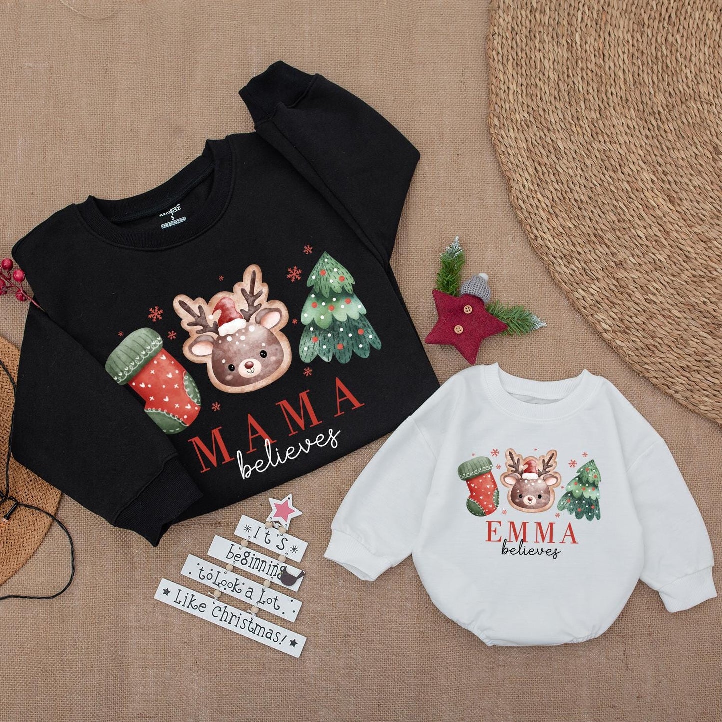 Personalized Family Christmas Believes Sweatshirts Rompers & Shirts with Cute Reindeer Tree Stocking Hand-Drawn Whimsical Design for Holiday Gatherings