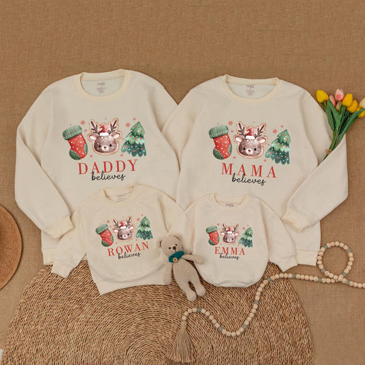 Personalized Family Christmas Believes Sweatshirts Rompers & Shirts with Cute Reindeer Tree Stocking Hand-Drawn Whimsical Design for Holiday Gatherings