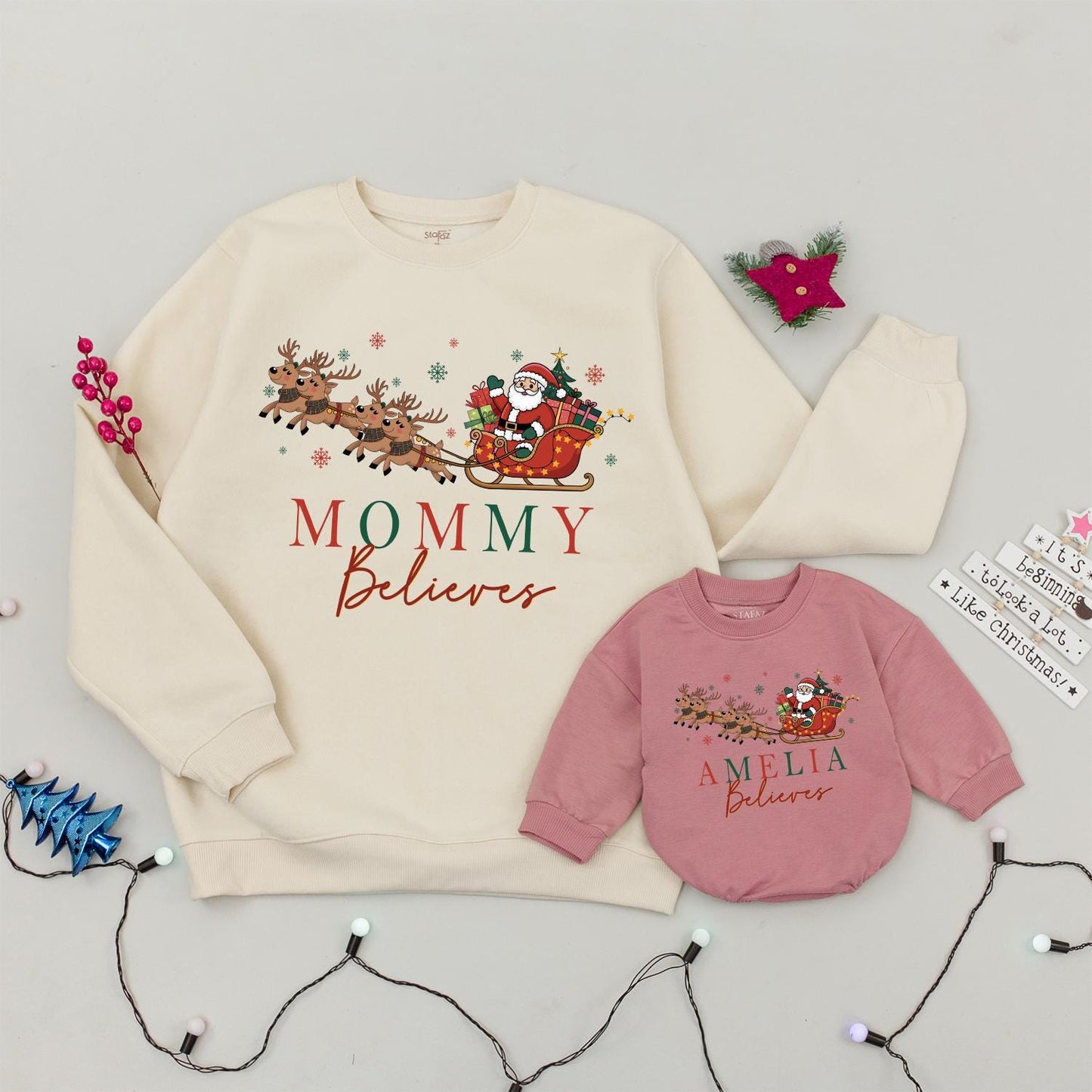Personalized Matching Family Christmas Believes Sweatshirts Rompers Retro Santa Sleigh Design Hand-Drawn Red Green Snowflakes