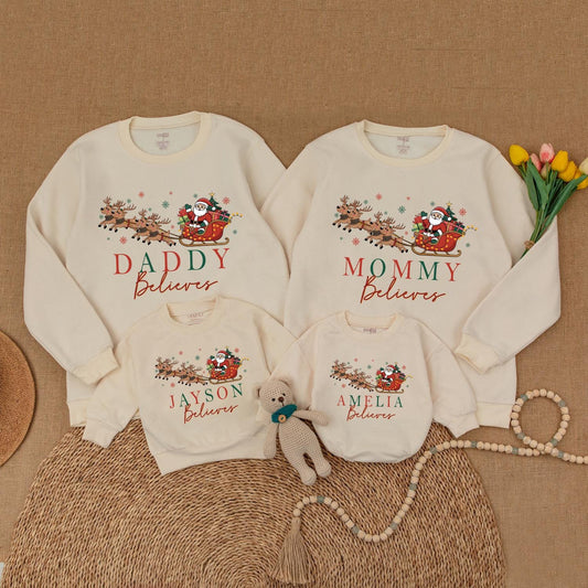 Personalized Matching Family Christmas Believes Sweatshirts Rompers Retro Santa Sleigh Design Hand-Drawn Red Green Snowflakes